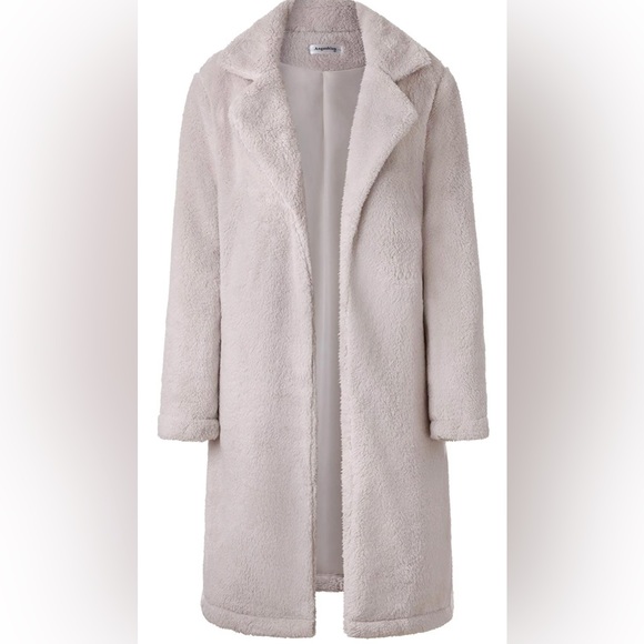 Light Beige Fuzzy Fleece Open Front Long Cardigan Coat - Picture 3 of 5